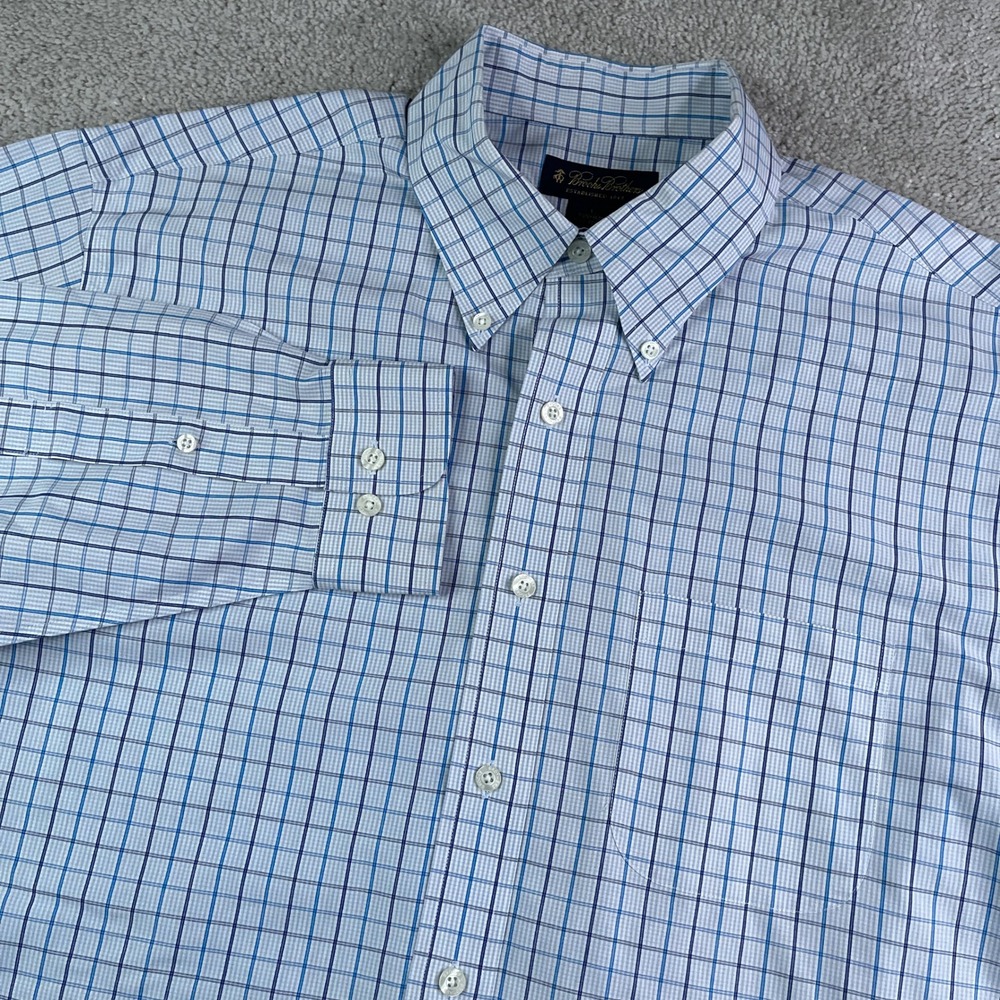 Brooks Brothers Shirt Mens Large Blue Check Button Down Non Iron Long Sleeve